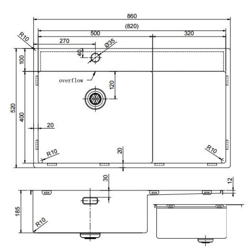 Pure.Sink Exclusivo fregadero de acero inoxidable con zona de escurrido 86x52 cm Tapwing a la izquierda PEX5086LT-02