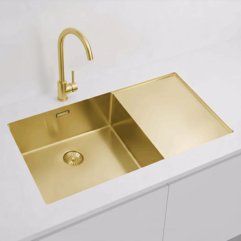 Pure.Sink Exclusivo Fregadero dorado con escurridor 86 x 52 cm Grifo Tapwing izquierdo PEX5086LT-60