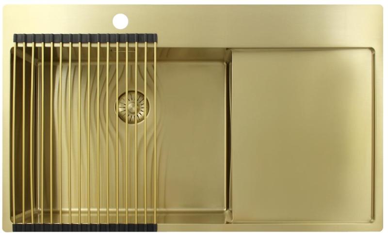 Pure.Sink Exclusivo Fregadero dorado con escurridor 86 x 52 cm Grifo Tapwing izquierdo PEX5086LT-60