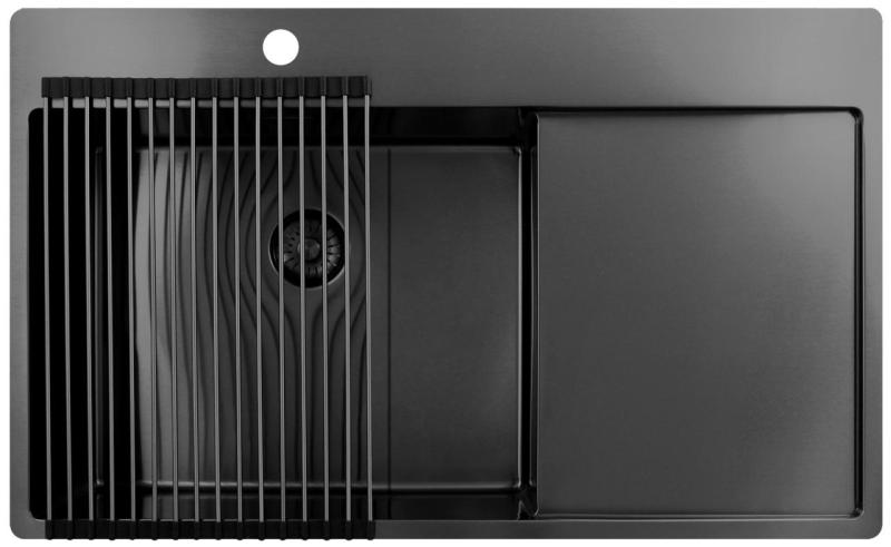 Pure.Sink Exclusivo Gun Metal fregadero con zona de escurrido 86x52 cm Tapwing a la izquierda PEX5086LT-61