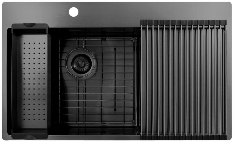 Pure.Sink Exclusivo Gun Metal fregadero con zona de escurrido 86x52 cm Tapwing a la izquierda PEX5086LT-61