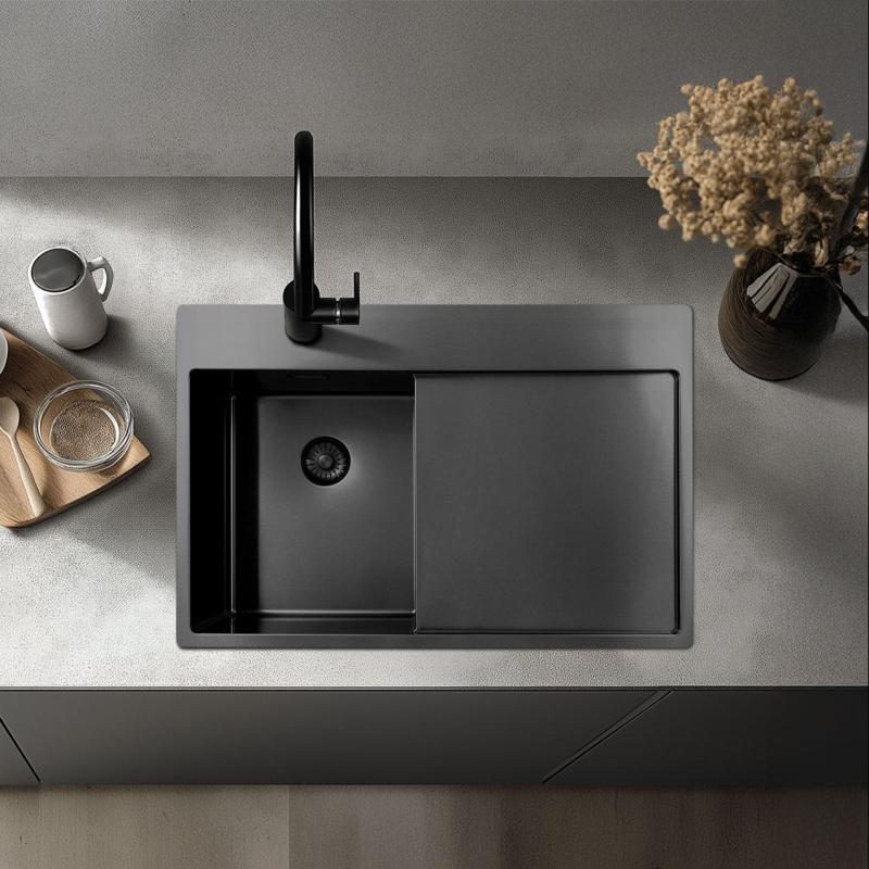 Pure.Sink Exclusivo fregadero de acero inoxidable con zona de escurrido 86x52 cm Tapwing a la derecha PEX5086RT-02