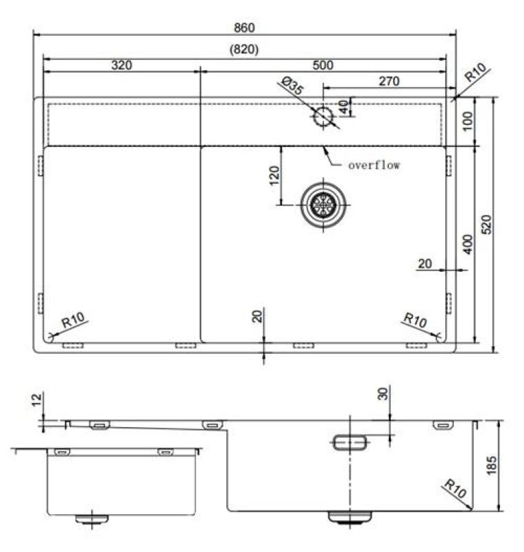 Pure.Sink Exclusivo fregadero de acero inoxidable con zona de escurrido 86x52 cm Tapwing a la derecha PEX5086RT-02