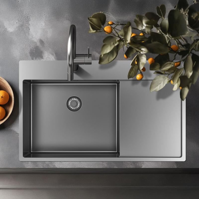 Pure.Sink Exclusivo fregadero de acero inoxidable con zona de escurrido 86x52 cm Tapwing a la derecha PEX5086RT-02