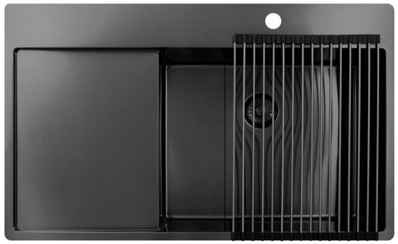 Pure.Sink Exclusivo Gun Metal fregadero con área de escurrido 86x52 cm Tapwing a la derecha PEX5086RT-61