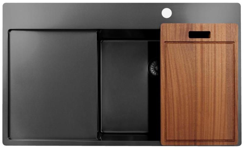 Pure.Sink Exclusivo Gun Metal fregadero con área de escurrido 86x52 cm Tapwing a la derecha PEX5086RT-61