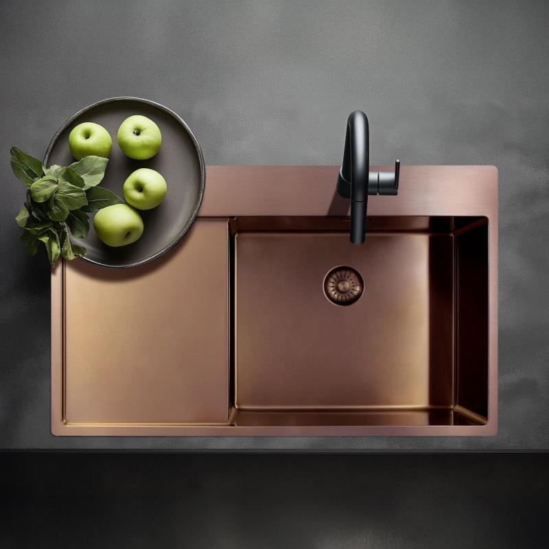 Pure.Sink Exclusivo Fregadero de cobre con zona de escurrido 86x52 cm Ala del grifo a la derecha PEX5086RT-62