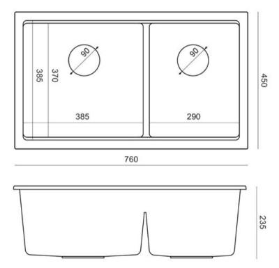 Quadri Newport II Double Grey Granite Built-in Sink 76x45 cm with Copper Plug 1208971360