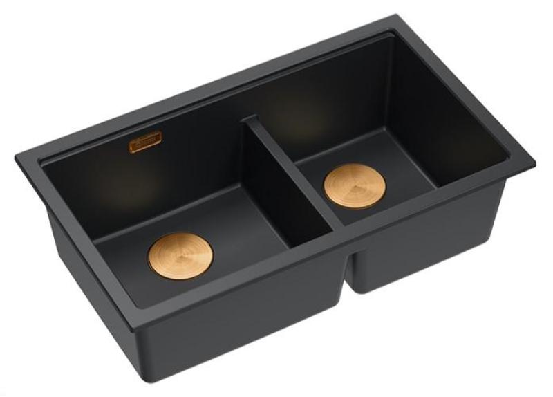 Quadri Newport II Doble Fregadero de Granito Negro Empotrado 76x45 cm con Tapón de Cobre 1208971361
