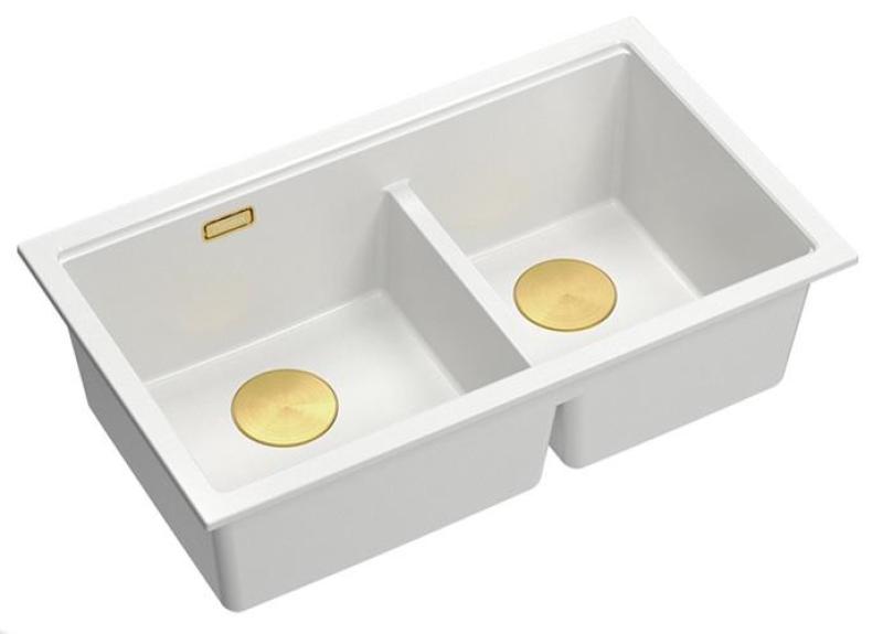 Quadri Newport II Doble Lavabo de Granito Blanco de 76x45 cm con Tapón Dorado 1208971363