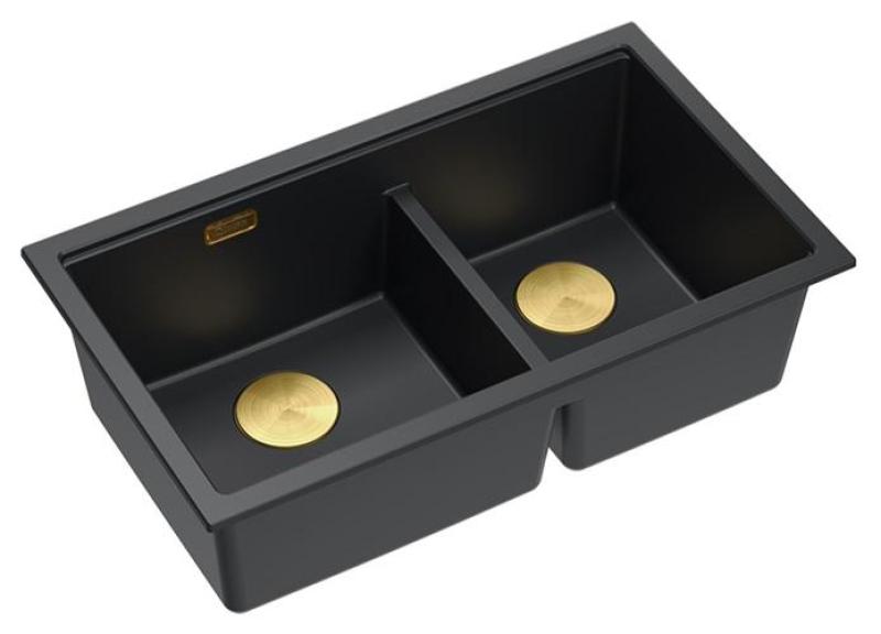 Quadri Newport II Doble Fregadero de Granito Negro Empotrado 76x45 cm con Tapón Dorado 1208971366
