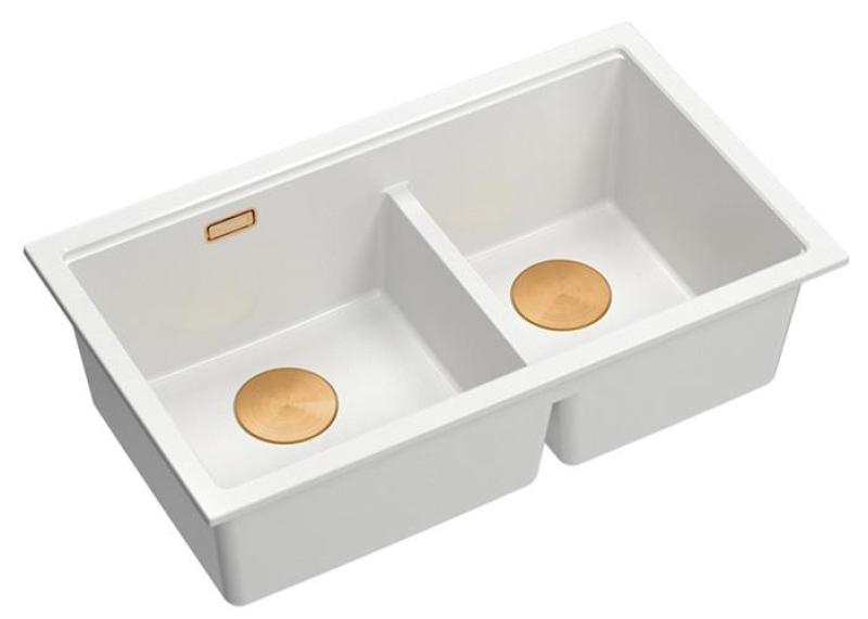 Quadri Newport II Fregadero bajo encimera de granito blanco doble 702 x 390 mm con tapón de cobre 1208971373