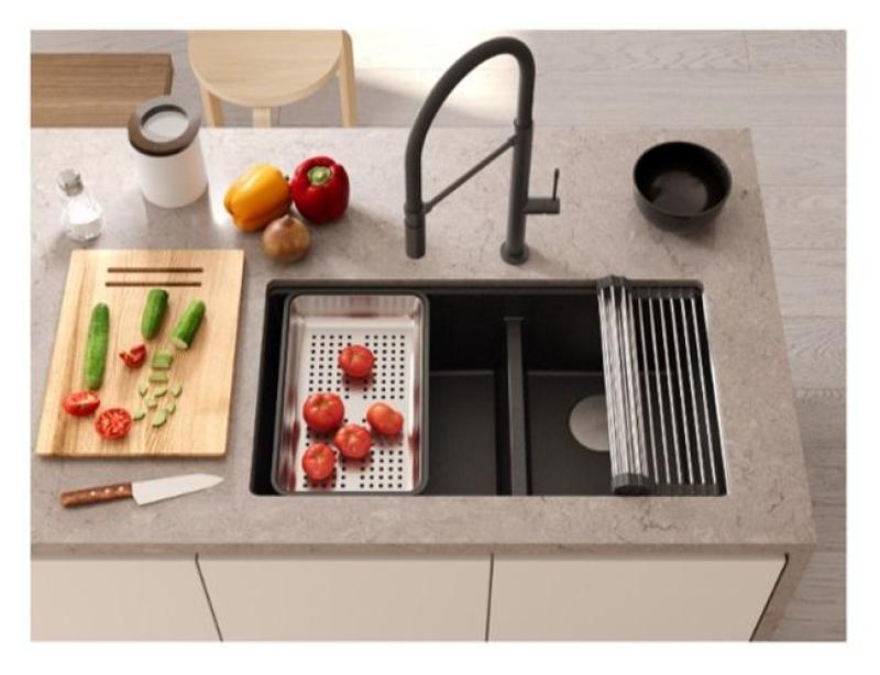 Quadri Newport II Fregadero empotrado doble de granito antracita 702 x 390 mm con tapón de cobre 1208971374