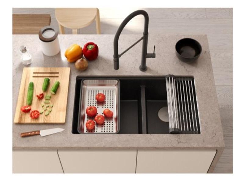 Quadri Newport II Doble Fregadero Empotrado de Granito Gris 702 x 390 mm con Tapón de Cobre 1208971375
