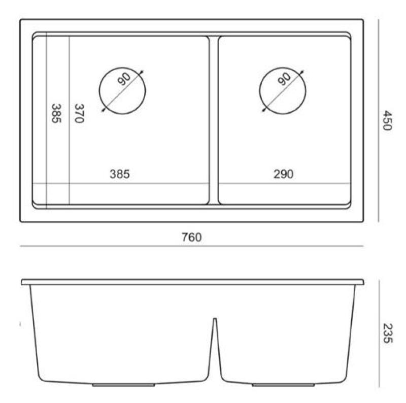 Quadri Newport II Doble Lavabo Empotrado de Granito Gris 702 x 390 mm con tapón de acero inoxidable 1208971385
