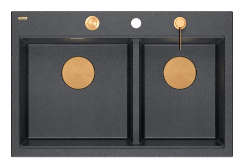 Quadri Hard Rock Doble Lavabo de Granito Antracita Empotrable 76x50 cm con Tapón de Cobre y accesorios 1208971388