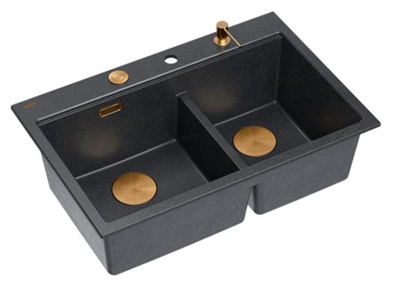 Quadri Hard Rock Doble Lavabo de Granito Antracita Empotrable 76x50 cm con Tapón de Cobre y accesorios 1208971388