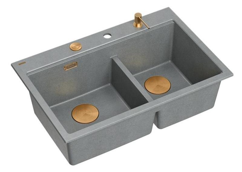 Quadri Hard Rock Doble Fregadero de Granito Gris 76x50 cm con Tapón de Cobre y Accesorios 1208971389