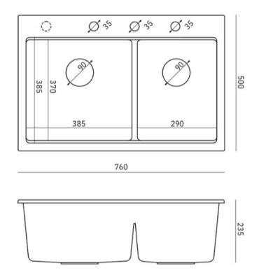 Quadri Hard Rock Double Black Granite Built-in Sink 76x50 cm with Copper Plug and Accessories 1208971390