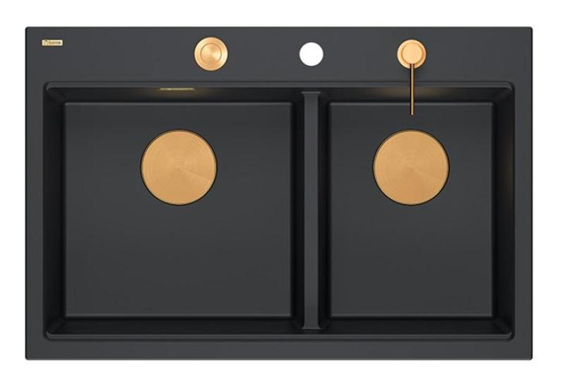 Quadri Hard Rock Doble Fregadero de Granito Negro Empotrado 76x50 cm con Tapón de Cobre y Accesorios 1208971390