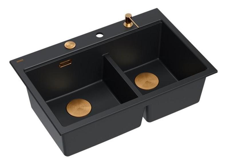 Quadri Hard Rock Doble Fregadero de Granito Negro Empotrado 76x50 cm con Tapón de Cobre y Accesorios 1208971390