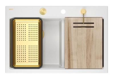 Quadri Hard Rock Doble Fregadero de Granito Blanco 76x50 cm con Tapón Dorado y Accesorios 1208971392