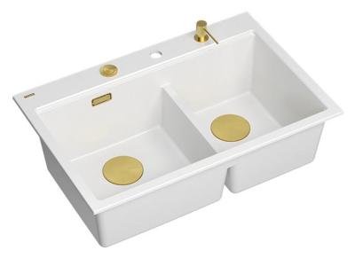 Quadri Hard Rock Doble Fregadero de Granito Blanco 76x50 cm con Tapón Dorado y Accesorios 1208971392