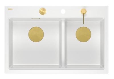Quadri Hard Rock Doble Fregadero de Granito Blanco 76x50 cm con Tapón Dorado y Accesorios 1208971392