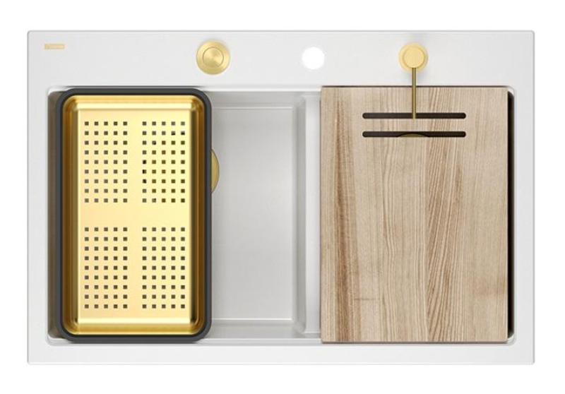 Quadri Hard Rock Doble Fregadero de Granito Blanco 76x50 cm con Tapón Dorado y Accesorios 1208971392