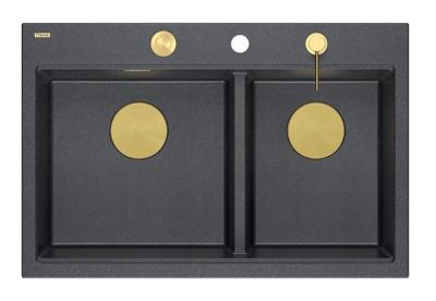 Quadri Hard Rock Doble Lavabo de Granito Antracita Empotrado 76x50 cm con tapón Dorado y accesorios 1208971393