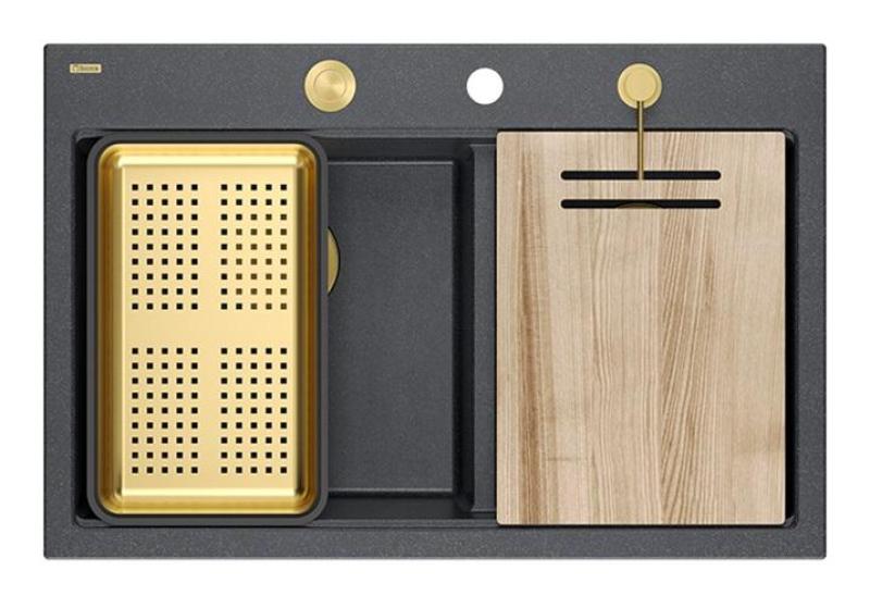 Quadri Hard Rock Doble Lavabo de Granito Antracita Empotrado 76x50 cm con tapón Dorado y accesorios 1208971393