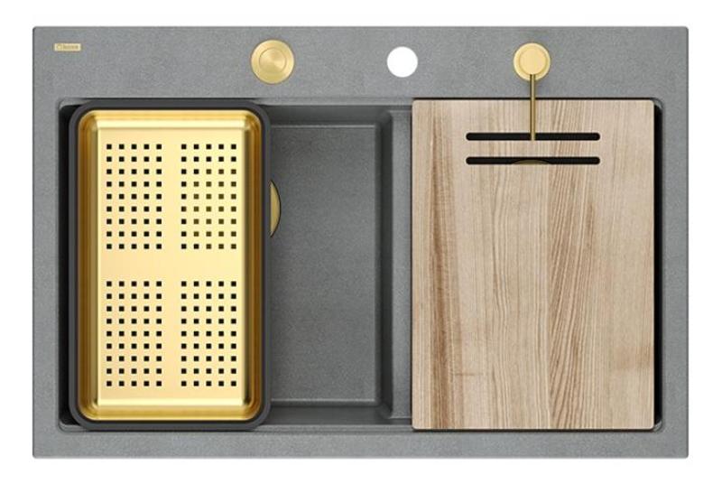 Fregadero de granito gris doble Quadri Hard Rock de 76x50 cm con tapón dorado y accesorios 1208971394