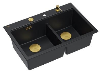 Quadri Hard Rock Doble Fregadero de Granito Negro Empotrado 76x50 cm con Tapón Dorado y Accesorios 1208971395