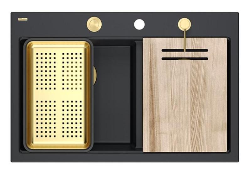 Quadri Hard Rock Doble Fregadero de Granito Negro Empotrado 76x50 cm con Tapón Dorado y Accesorios 1208971395