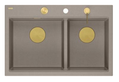 Quadri Hard Rock Doble Taupe Granito Fregadero de encimera 76x50 cm con tapón dorado y accesorios 1208971396