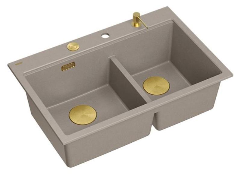 Quadri Hard Rock Doble Taupe Granito Fregadero de encimera 76x50 cm con tapón dorado y accesorios 1208971396
