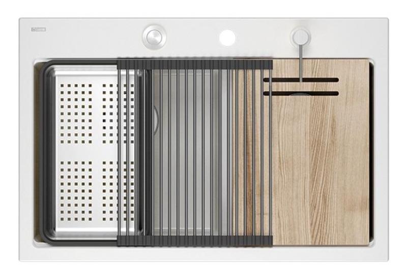 Quadri Hard Rock Doble Fregadero de Granito Blanco de 76x50 cm con tapón de acero inoxidable y accesorios 1208971398