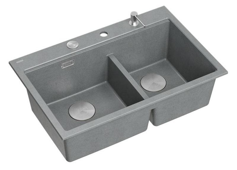 Quadri Hard Rock Doble Lavabo de Granito Gris Empotrado 76x50 cm con tapón de acero inoxidable y accesorios 1208971400
