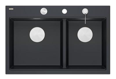 Quadri Hard Rock Doble Fregadero de Granito Negro Empotrado 76x50 cm con tapón de acero inoxidable y accesorios 1208971401