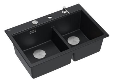 Quadri Hard Rock Doble Fregadero de Granito Negro Empotrado 76x50 cm con tapón de acero inoxidable y accesorios 1208971401