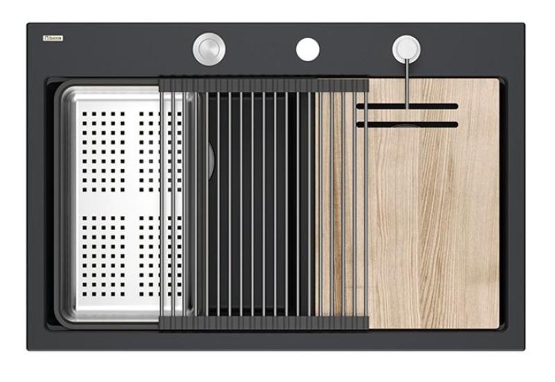 Quadri Hard Rock Doble Fregadero de Granito Negro Empotrado 76x50 cm con tapón de acero inoxidable y accesorios 1208971401