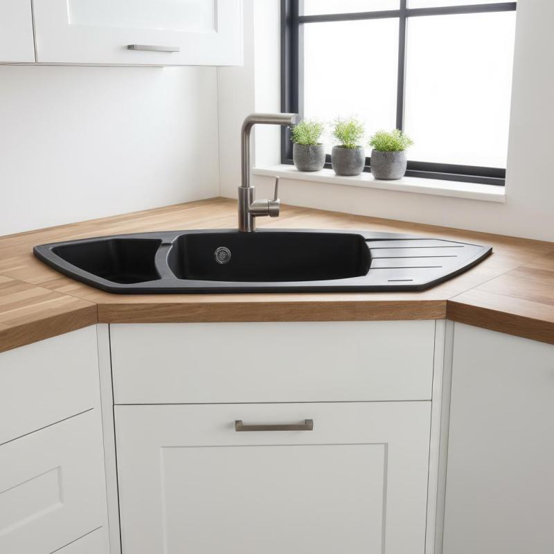 Graniteland Monte Fregadero de esquina de granito negro empotrado 901x538mm con tapón de acero inoxidable 1208971413