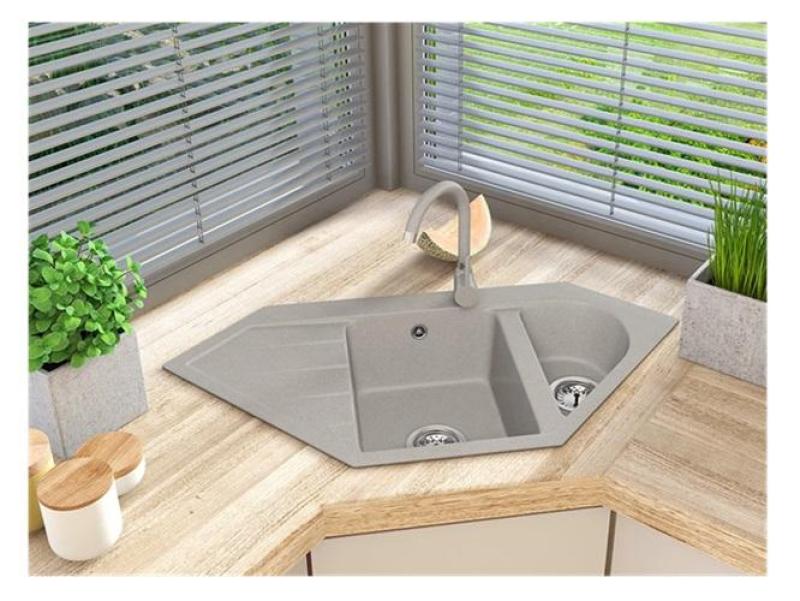 Graniteland Amiata Granito beige Fregadero de esquina empotrado 965x496mm con tapón de acero inoxidable 1208971417