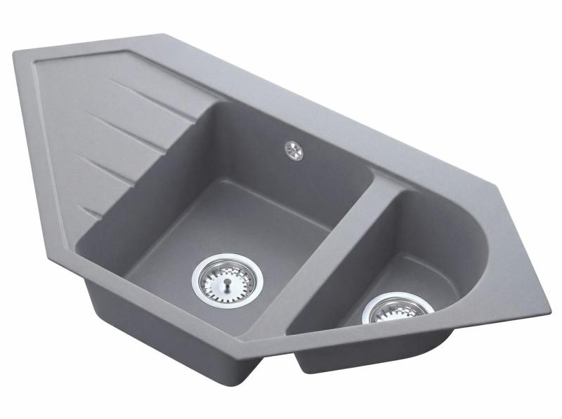 Graniteland Amiata Fregadero angular gris granito sobre encimera 955 x 489 mm con tapón de acero inoxidable 1208971419