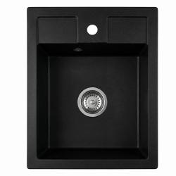 Graniteland Prest Fregadero de granito negro Tapwing con orificio para grifo de montaje en superficie 400x500mm con tapón de acero inoxidable 1208971421