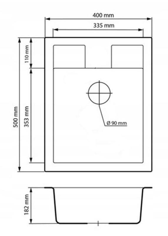 Graniteland Prest Fregadero de granito negro Tapwing con orificio para grifo de montaje en superficie 400x500mm con tapón de acero inoxidable 1208971421