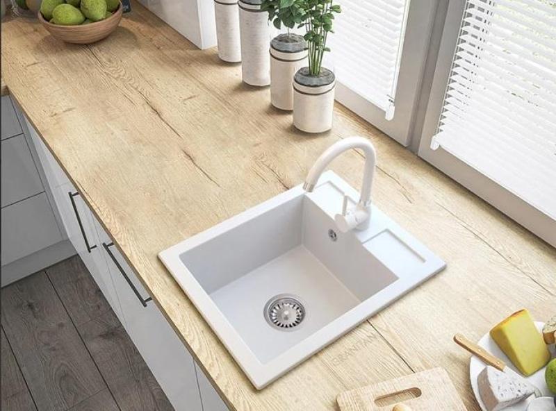 Graniteland Prest Lavabo blanco de granito Tapwing con orificio para grifo de montaje en superficie 400x500mm con enchufe de acero inoxidable 1208971424