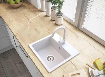 Graniteland Nera Fregadero de Granito 45x42 cm Montaje en Blanco con Orificio para Grifo y Tapón de Acero Inoxidable 1208971435