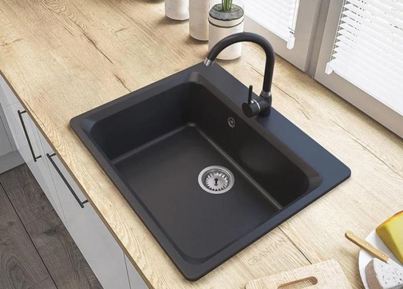 Graniteland Vastone Lavabo de Granito 619x522 mm Negro de Montaje con Banco de Orificio para Grifo y Tapón de Acero Inoxidable 1208971443