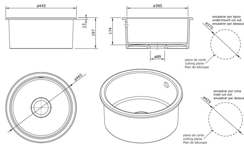 Ausmann Ceramic Ember Fregadero Redondo Cerámico Blanco de Encimera y Submontaje con tapón color Gun metal ( Gris plomo) 1208971463